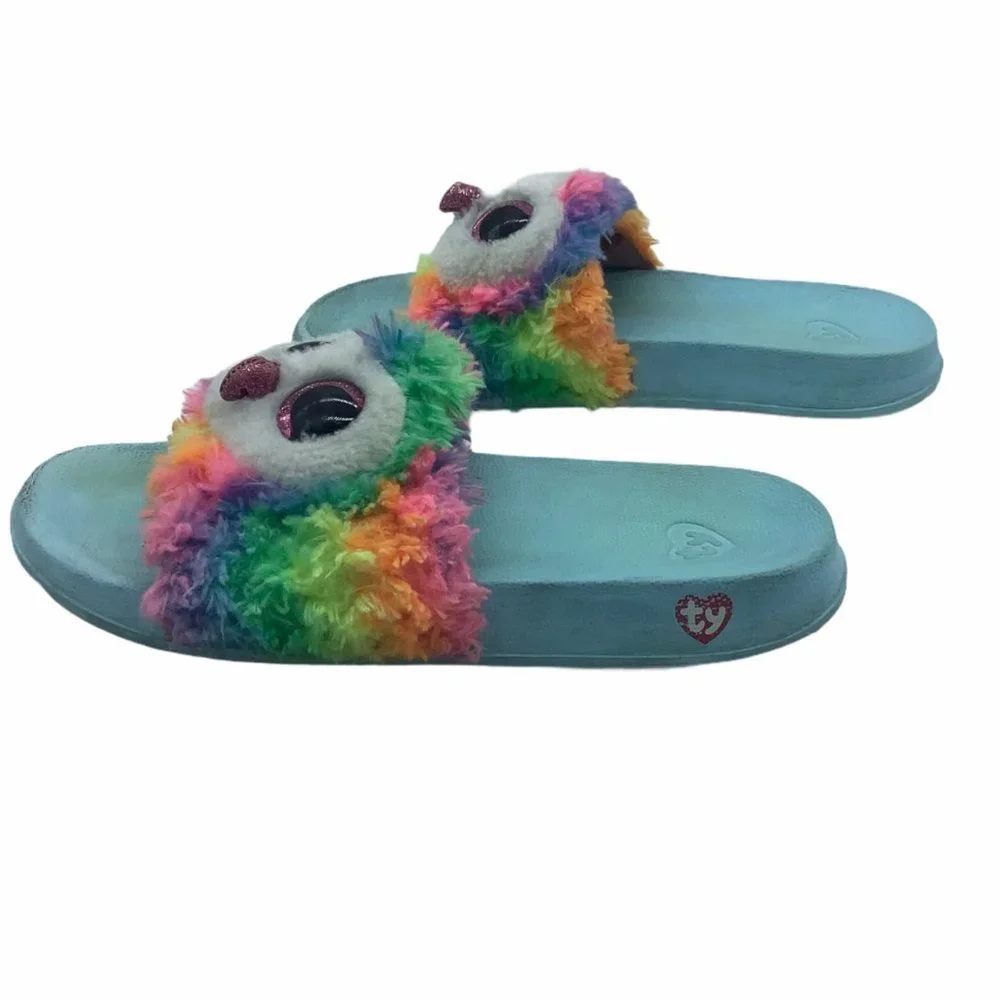 Ty Big Kid Unisex Owen the Fuzzy Rainbow Owl Slide On Flip Flop Sandals Size 4-6